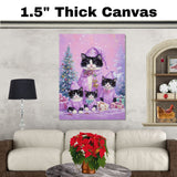 Tuxedo Cat Family in Red Santa Hats and Coats Surrounded by Snowflakes and Gifts Beside a Christmas Tree in a Whimsical Holiday Scene