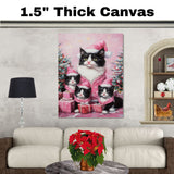 Tuxedo Cat Family in Pink Santa Hats and Coats Surrounded by Holiday Gifts and Trees in a Festive Christmas Scene with Snowflakes and Cheer