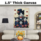 Mother Cat and Kittens in Elegant Purple Suits with Pink Roses and Hearts Whimsical Black and White Tuxedo Cat Family Portrait on Ready to Hang 1.5" Thick Canvas Wrap, Floating Framed Canvas, Flat Rolled Canvas