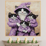 Mother Cat and Kittens in Purple Heart Pajamas Whimsical Tuxedo Cat Family Artwork for Cozy Decor and Cat Lovers Gift Ideas on Ready to Hang 1.5" Thick Canvas Wrap, Floating Framed Canvas, Flat Rolled Canvas