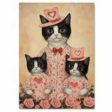 Mother Cat and Kittens in Pink Floral Outfits with Roses Whimsical Tuxedo Cat Family Artwork for Cat Lovers and Cozy Decor on Ready to Hang 1.5" Thick Canvas Wrap, Floating Framed Canvas, Flat Rolled Canvas