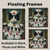 Whimsical Oil Painting of Mother Cat and Kittens in Green Outfits with Red Bows and Hearts on Beige Background for Cat Lovers on Ready to Hang 1.5" Thick Canvas Wrap, Floating Framed Canvas, Flat Rolled Canvas