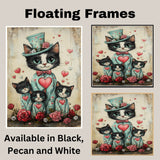 Mother Cat and Kittens in Teal Heart Outfits with Roses Whimsical Tuxedo Cat Family Artwork for Valentine's and Cat Lovers Decor on Ready to Hang 1.5" Thick Canvas Wrap, Floating Framed Canvas, Flat Rolled Canvas