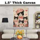 Charming Tuxedo Cats Portrait with Hearts Romantic Black and White Kittens Artwork for Cat Lovers Gift on Ready to Hang 1.5" Thick Canvas Wrap, Floating Framed Canvas, Flat Rolled Canvas