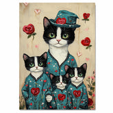 Oil Painting of Mother Texudo Cat and Kittens in Green Heart Pajamas on Beige Background for Cat Lovers and Nursery Pet Art Fans on Ready to Hang 1.5" Thick Canvas Wrap, Floating Framed Canvas, Flat Rolled Canvas