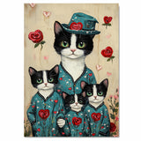 Oil Painting of Mother Texudo Cat and Kittens in Green Heart Pajamas on Beige Background for Cat Lovers and Nursery Pet Art Fans on Ready to Hang 1.5" Thick Canvas Wrap, Floating Framed Canvas, Flat Rolled Canvas