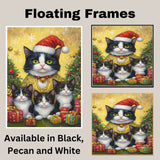 Tuxedo Cat Family in Golden Holiday Outfits and Santa Hat Surrounded by Christmas Gifts and Trees in a Warm Festive Snowflake Scene