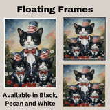 Mother Tuxedo Cat and Two Kittens in Patriotic Uncle Sam Outfits with American Flags and Red Bow Ties in Garden Setting on Ready to Hang 1.5" Thick Canvas Wrap, Floating Framed Canvas, Flat Rolled Canvas