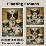 Mother Cat and Kittens in Nurse Outfits Charming Tuxedo Cat Family Artwork for Cat Lovers, Healthcare Gifts, and Nursery Decor on Ready to Hang 1.5" Thick Canvas Wrap, Floating Framed Canvas, Flat Rolled Canvas