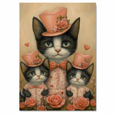 Mother Cat and Kittens in Playful Purple Outfits with Heart and Cat Patterns Whimsical Black and White Tuxedo Cat Family Portrait on Ready to Hang 1.5" Thick Canvas Wrap, Floating Framed Canvas, Flat Rolled Canvas