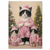 Tuxedo Cat Family in Blue Fur-Trimmed Coats Surrounded by Christmas Trees and Gifts in a Snowy Holiday Scene with Winter Magic and Cheer