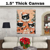 Tuxedo Cat Family in Orange Santa Outfits Holding Bells Surrounded by Holiday Trees and Gifts in a Cozy Christmas Scene with Warm Winter Tones