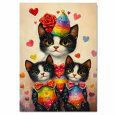 Charming Oil Painting of Mother Cat and Kittens in Floral Outfits with Hearts on Beige Background for Cat Lovers and Pet Art Fans on Ready to Hang 1.5" Thick Canvas Wrap, Floating Framed Canvas, Flat Rolled Canvas