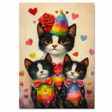Charming Oil Painting of Mother Cat and Kittens in Floral Outfits with Hearts on Beige Background for Cat Lovers and Pet Art Fans on Ready to Hang 1.5" Thick Canvas Wrap, Floating Framed Canvas, Flat Rolled Canvas
