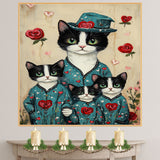 Oil Painting of Mother Texudo Cat and Kittens in Green Heart Pajamas on Beige Background for Cat Lovers and Nursery Pet Art Fans on Ready to Hang 1.5" Thick Canvas Wrap, Floating Framed Canvas, Flat Rolled Canvas