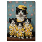 Elegant Oil Painting of Mother Cat and Kittens in Heart Outfits with Floral Hat on Warm Background for Cat Lovers and Pet Fans on Ready to Hang 1.5" Thick Canvas Wrap, Floating Framed Canvas, Flat Rolled Canvas