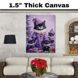Tuxedo Cat Family in Elegant Purple Coats and Hats Surrounded by Christmas Gifts and Tree in a Magical Snowy Holiday Scene with Festive Sparkle