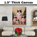 Tuxedo Cat Family in Purple Pajamas Surrounded by Christmas Gifts and Trees in a Warm Winter Scene Full of Holiday Lights and Cozy Charm