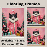 Tuxedo Cat Family in Pink Fur-Trimmed Coats and Santa Hats with Christmas Gifts and Trees in a Playful Holiday Scene with Snow and Cheer