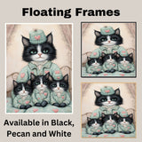 Mother Cat and Kittens in Floral Dresses with Roses Whimsical Tuxedo Cat Family Artwork for Valentine's Day and Cat Lovers Decor on Ready to Hang 1.5" Thick Canvas Wrap, Floating Framed Canvas, Flat Rolled Canvas