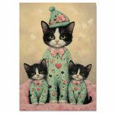 Sweet Oil Painting of Mother Texudo Cat and Kittens in Pink Heart Pajamas with Beanies on Soft Beige Background for Cat Lovers and Nursery Decor on Ready to Hang 1.5" Thick Canvas Wrap, Floating Framed Canvas, Flat Rolled Canvas