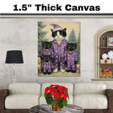 Tuxedo Cat Family in Purple Snowflake Pajamas Surrounded by Christmas Trees and Gifts in a Cozy Winter Scene Full of Holiday Magic and Charm
