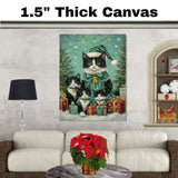 Tuxedo Cat Family in Green Holiday Outfits with Bells Surrounded by Christmas Trees and Gifts in a Snowy Festive Scene Full of Cheer