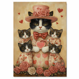 Mother Cat and Kittens in Elegant Purple Outfits with Heart Patterns and Roses Whimsical Black and White Tuxedo Cat Family Portrait on Ready to Hang 1.5" Thick Canvas Wrap, Floating Framed Canvas, Flat Rolled Canvas