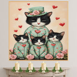 Mother Tuxedo Cat and Kittens in Matching Pajamas Black and White Cat Family Portrait with Hearts on Ready to Hang 1.5" Thick Canvas Wrap, Floating Framed Canvas, Flat Rolled Canvas
