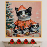 Tuxedo Cat Family in Green Santa Outfits with Christmas Gifts and Trees in a Magical Winter Scene with Sparkling Snowflakes and Festive Charm