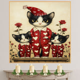 Mother Cat and Kittens in Red Heart Pajamas Tuxedo Cats with Roses Whimsical Vintage Style Artwork for Cat Lovers on Ready to Hang 1.5" Thick Canvas Wrap, Floating Framed Canvas, Flat Rolled Canvas