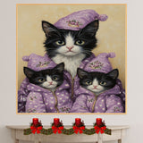 Tuxedo Cat Family in Blue Santa Outfits Surrounded by Snowy Trees and Gifts in a Magical Winter Wonderland Scene Full of Holiday Cheer