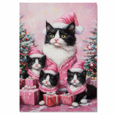 Tuxedo Cat Family in Pink Santa Hats and Coats Surrounded by Holiday Gifts and Trees in a Festive Christmas Scene with Snowflakes and Cheer