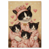 Texudo Cat Oil Painting of Mother Cat and Three Kittens in Matching Yellow Pajamas with Hearts on Blue Background on Ready to Hang 1.5" Thick Canvas Wrap, Floating Framed Canvas, Flat Rolled Canvas