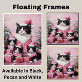 Tuxedo Cat Family in Pink Santa Hats and Coats Surrounded by Holiday Gifts and Trees in a Festive Christmas Scene with Snowflakes and Cheer