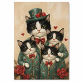 Playful Oil Painting of Texudo Cat Family in Personalized Green Heart Pajamas with Beanies on Beige Background for Pet Lovers and Cat Fans on Ready to Hang 1.5" Thick Canvas Wrap, Floating Framed Canvas, Flat Rolled Canvas
