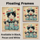 Romantic Oil Painting of Mother Texudo Cat and Kittens in Peach Heart Outfits with Roses and Bows on Warm Background for Cat Lovers on Ready to Hang 1.5" Thick Canvas Wrap, Floating Framed Canvas, Flat Rolled Canvas