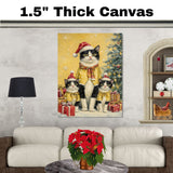 Tuxedo Cat Family in Purple Holiday Hats and Scarves with Christmas Tree and Gifts in a Magical Winter Scene Full of Cheer and Festive Sparkle