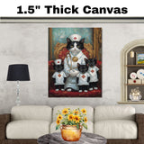 Mother Cat and Kittens Dressed as Nurses in White Outfits with Hats and Red Scarves Black and White Tuxedo Cats on Ready to Hang 1.5" Thick Canvas Wrap, Floating Framed Canvas, Flat Rolled Canvas