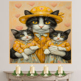 Mother Cat and Kittens in Charming Pink Outfits with Roses and Hearts Whimsical Black and White Tuxedo Cat Family Relaxing Portrait on Ready to Hang 1.5" Thick Canvas Wrap, Floating Framed Canvas, Flat Rolled Canvas