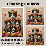 Mother Cat and Kittens in Black Outfits with Red and Pink Hearts Whimsical Black and White Tuxedo Cat Family Portrait with Roses on Ready to Hang 1.5" Thick Canvas Wrap, Floating Framed Canvas, Flat Rolled Canvas