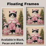 Tuxedo Cat Family in Blue Fur-Trimmed Coats Surrounded by Christmas Trees and Gifts in a Snowy Holiday Scene with Winter Magic and Cheer