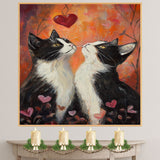 Charming Oil Painting of Mother Texudo Cat and Kittens in Blue Outfits with Red Hearts and Roses on Beige Background for Cat Lovers on Ready to Hang 1.5" Thick Canvas Wrap, Floating Framed Canvas, Flat Rolled Canvas