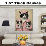 Mother Cat and Kittens in Pink Heart Pajamas Tuxedo Cat Family Artwork for Valentine's Day Decor and Cat Lovers Gifts on Ready to Hang 1.5" Thick Canvas Wrap, Floating Framed Canvas, Flat Rolled Canvas