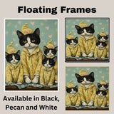 Mother Cat and Kittens in Yellow Pajamas Charming Tuxedo Cat Family Artwork Whimsical Cozy Painting for Cat Lovers and Nurseries on Ready to Hang 1.5" Thick Canvas Wrap, Floating Framed Canvas, Flat Rolled Canvas