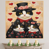 Mother Cat and Kittens in Black Heart Outfits Charming Tuxedo Cat Family Artwork for Valentine's Day and Cat Lovers Decor on Ready to Hang 1.5" Thick Canvas Wrap, Floating Framed Canvas, Flat Rolled Canvas