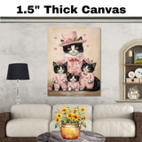 Mother Cat and Kittens Dressed as Nurses with Red Cross Hats and White Uniforms Black and White Tuxedo Cat Family Portrait on Ready to Hang 1.5" Thick Canvas Wrap, Floating Framed Canvas, Flat Rolled Canvas
