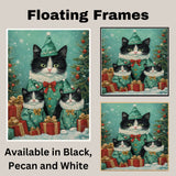 Tuxedo Cat Family in Green Holiday Outfits with Red Bows Surrounded by Christmas Trees and Gifts in a Charming Winter Festive Scene