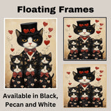 Mother Tuxedo Cat and Kittens in Yellow Heart Pajamas Black and White Cat Family Artwork for Cat Lovers on Ready to Hang 1.5" Thick Canvas Wrap, Floating Framed Canvas, Flat Rolled Canvas