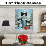 Tuxedo Cat Family in Purple Winter Hats Surrounded by Snow, Holiday Gifts, and Christmas Trees in a Magical Festive Scene with Golden Ornaments